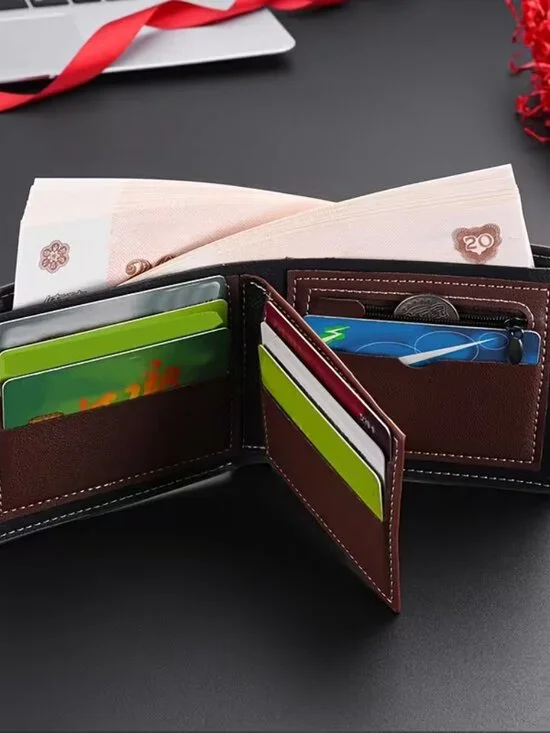 Menโs Bifold Wallet Black Brown Stripe Slim RFID Card Holder - Picture 5 of 8